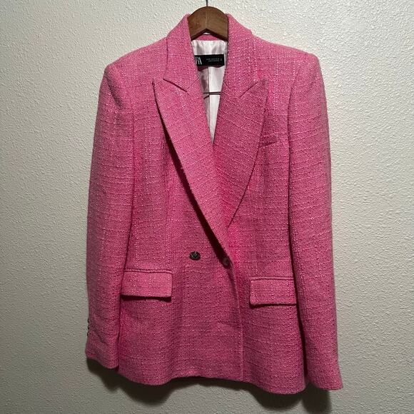 Zara Women's Medium Double-Breasted Textured Weave Tweed Blazer Jacket in Pink - Picture 1 of 11